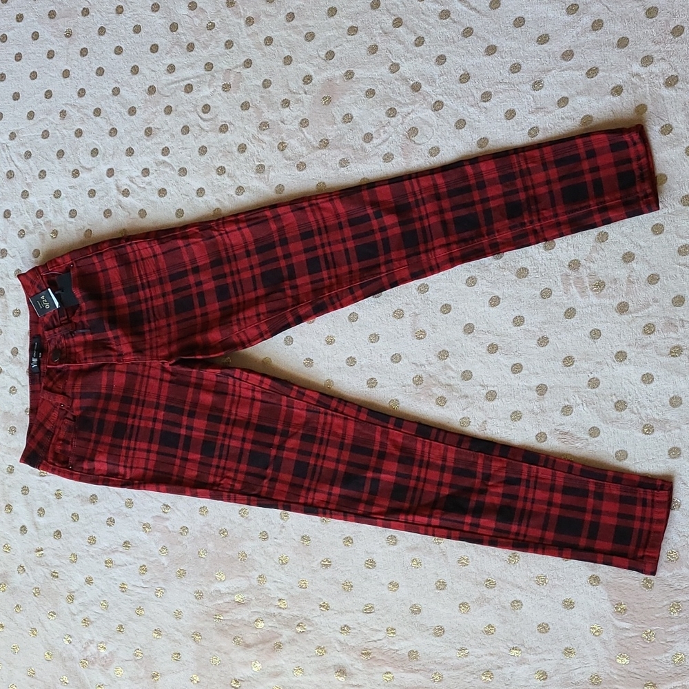 Red plaid high rise skinny jean. YMI jeans